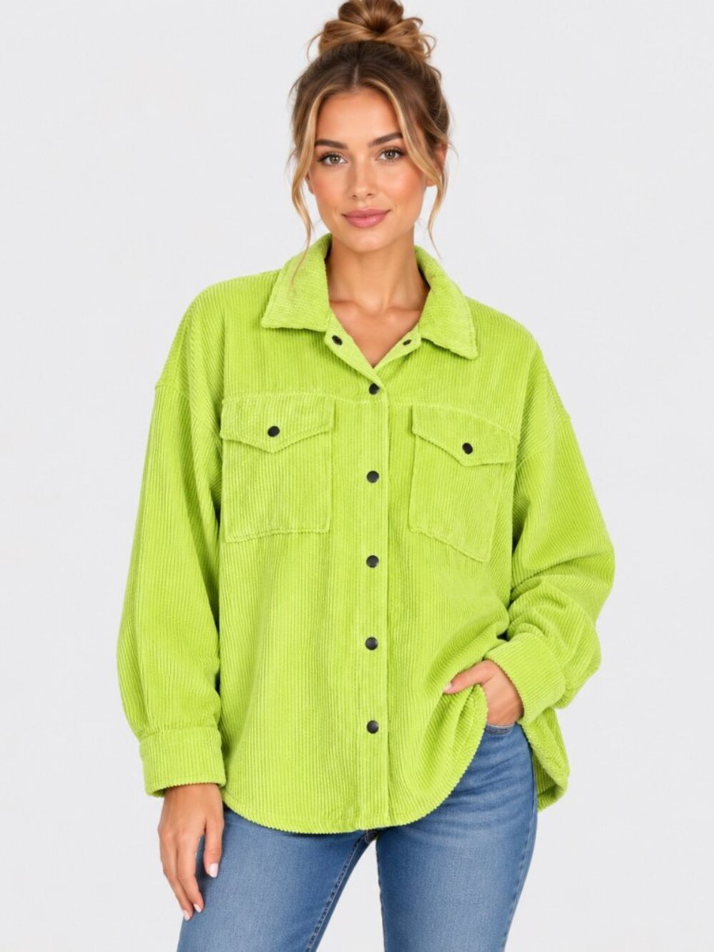 Wild Fable Women’s Medium Lime Green Corduroy Shacket Button Front Utility